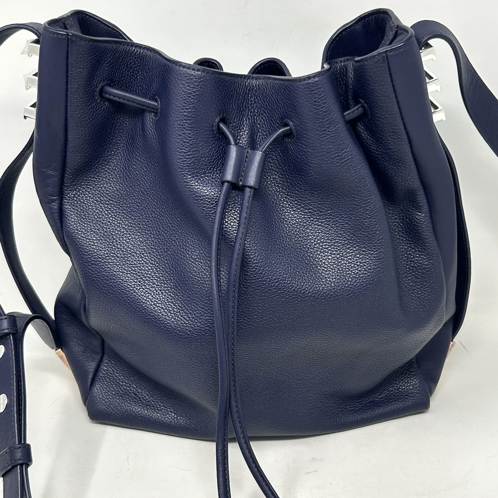 Luana Italy Leather Bucket Hobo Bag Navy Blue Leather Silver Tone Hardware New